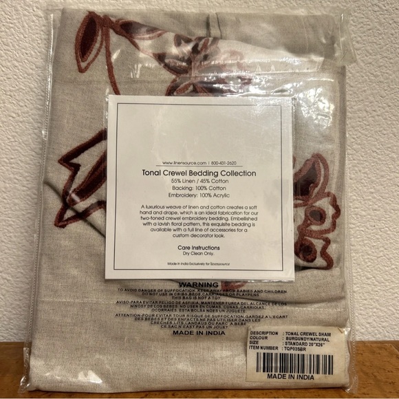 1 LinenSource Sham Tamales Crewel Pillow Standard TQP03SBR BURGANDY/Natural - Picture 2 of 3